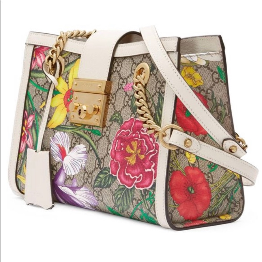 ✨NEW!✨GUCCI✨GG GUCCISSIMA SUPREME FLORA CANVAS & LEATHER PADLOCK CHAIN BAG - Picture 2 of 16